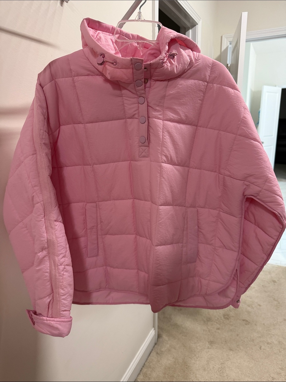 Pink Quilted Pullover Puffer Hoodie